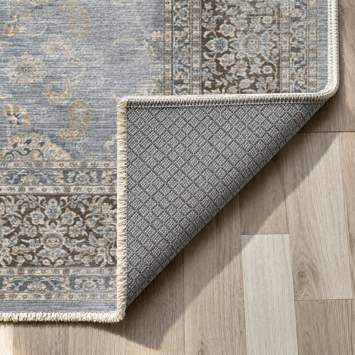 Faded Heriz Silver Grey Vintage Washable Rug — backing close up