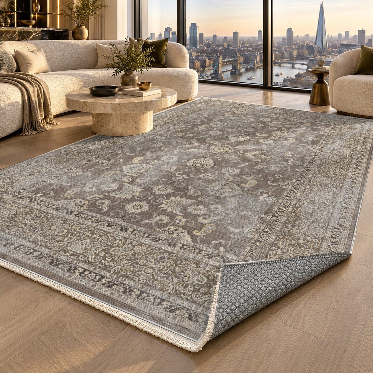 Faded Heriz Taupe Vintage Washable Rug — london luxury living