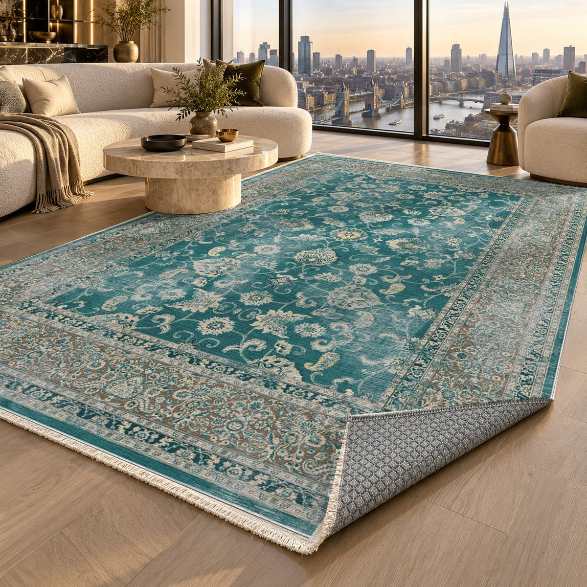 Faded Heriz Teal Vintage Washable Rug — london luxury living