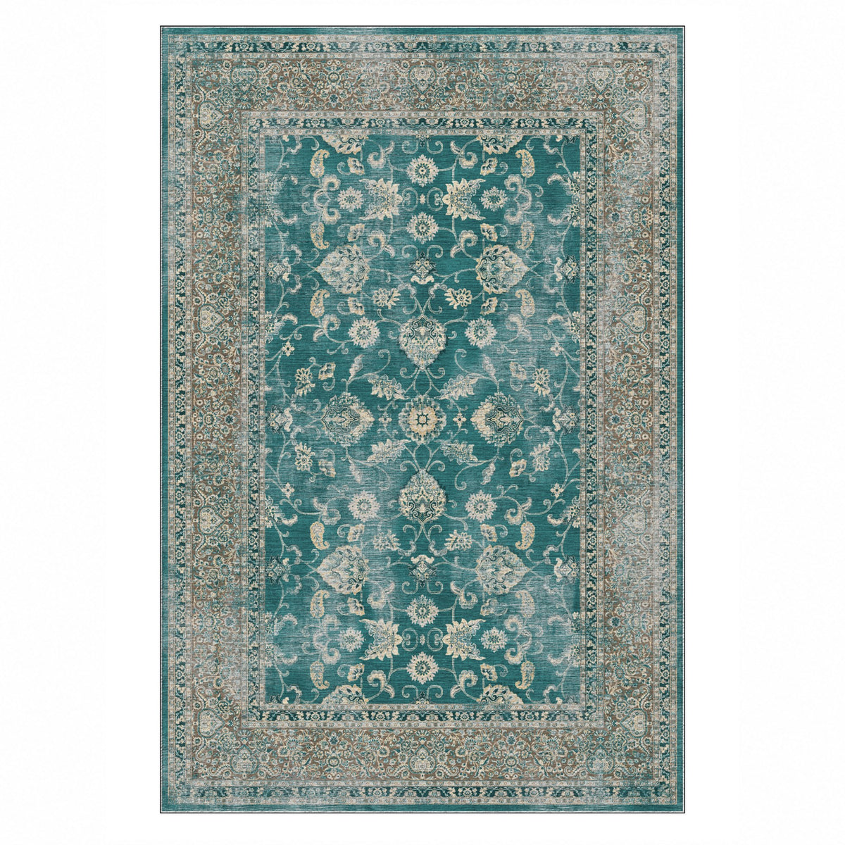 Faded Heriz Teal Vintage Washable Rug — top view