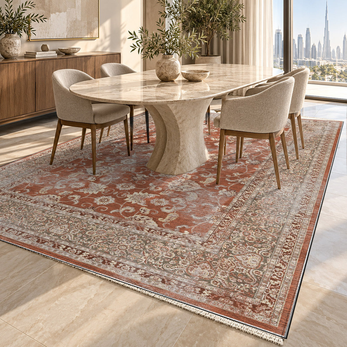 Faded Heriz Terracotta Vintage Washable Rug — dubai dining
