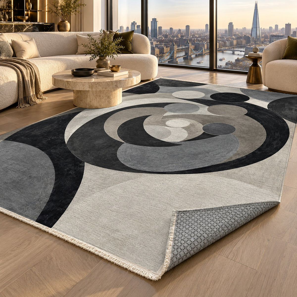 Family Circles Charcoal Abstract Washable Rug — london luxury living