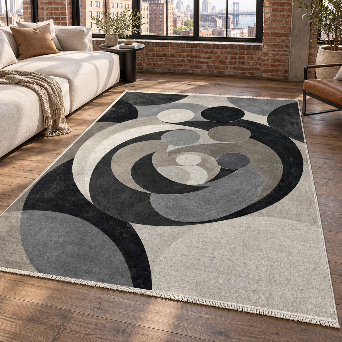 Family Circles Charcoal Abstract Washable Rug — new york living