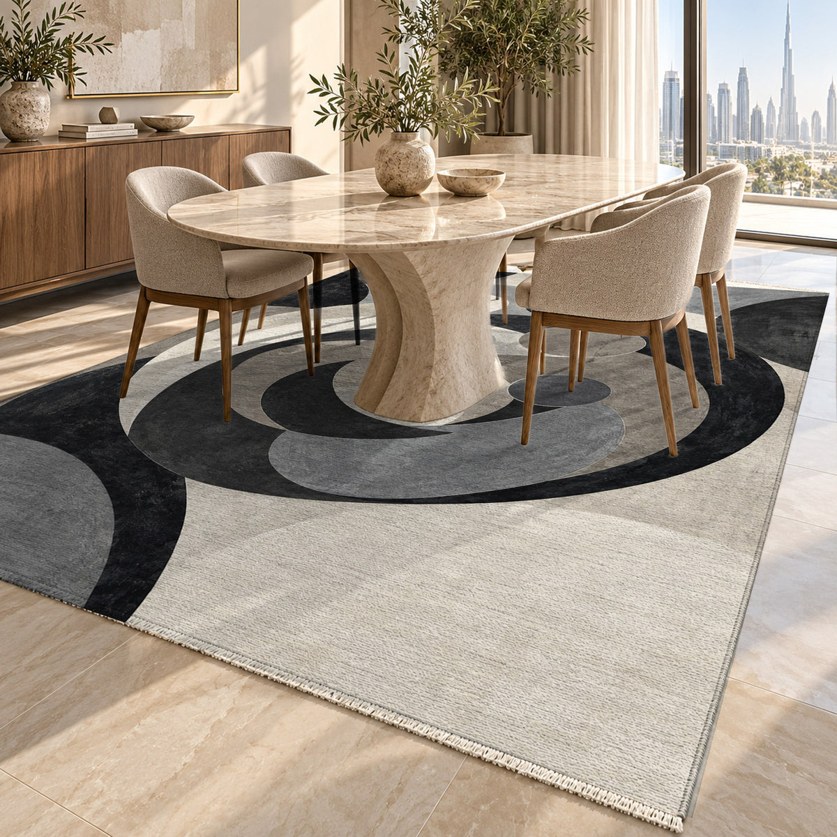 Family Circles Charcoal Abstract Washable Rug — dubai dining