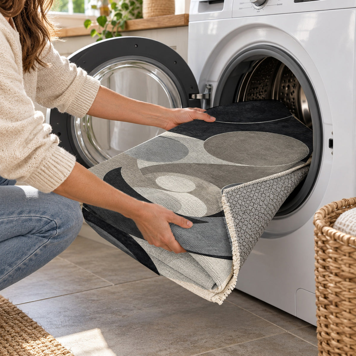 Family Circles Charcoal Abstract Washable Rug — washing machine