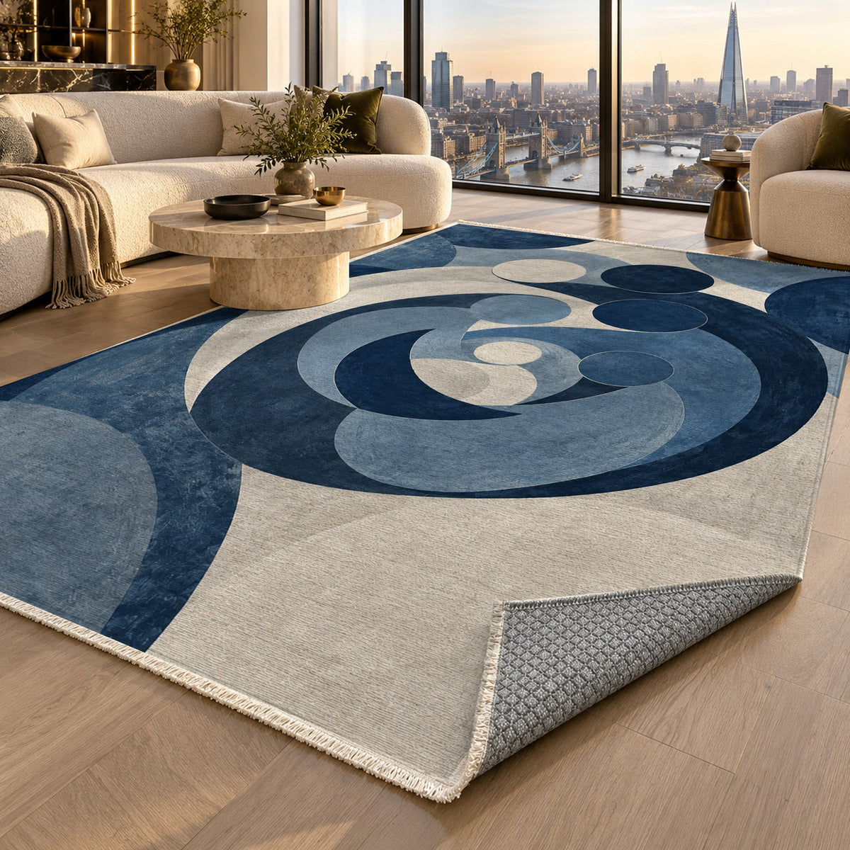 Family Circles Indigo Abstract Washable Rug — london luxury living