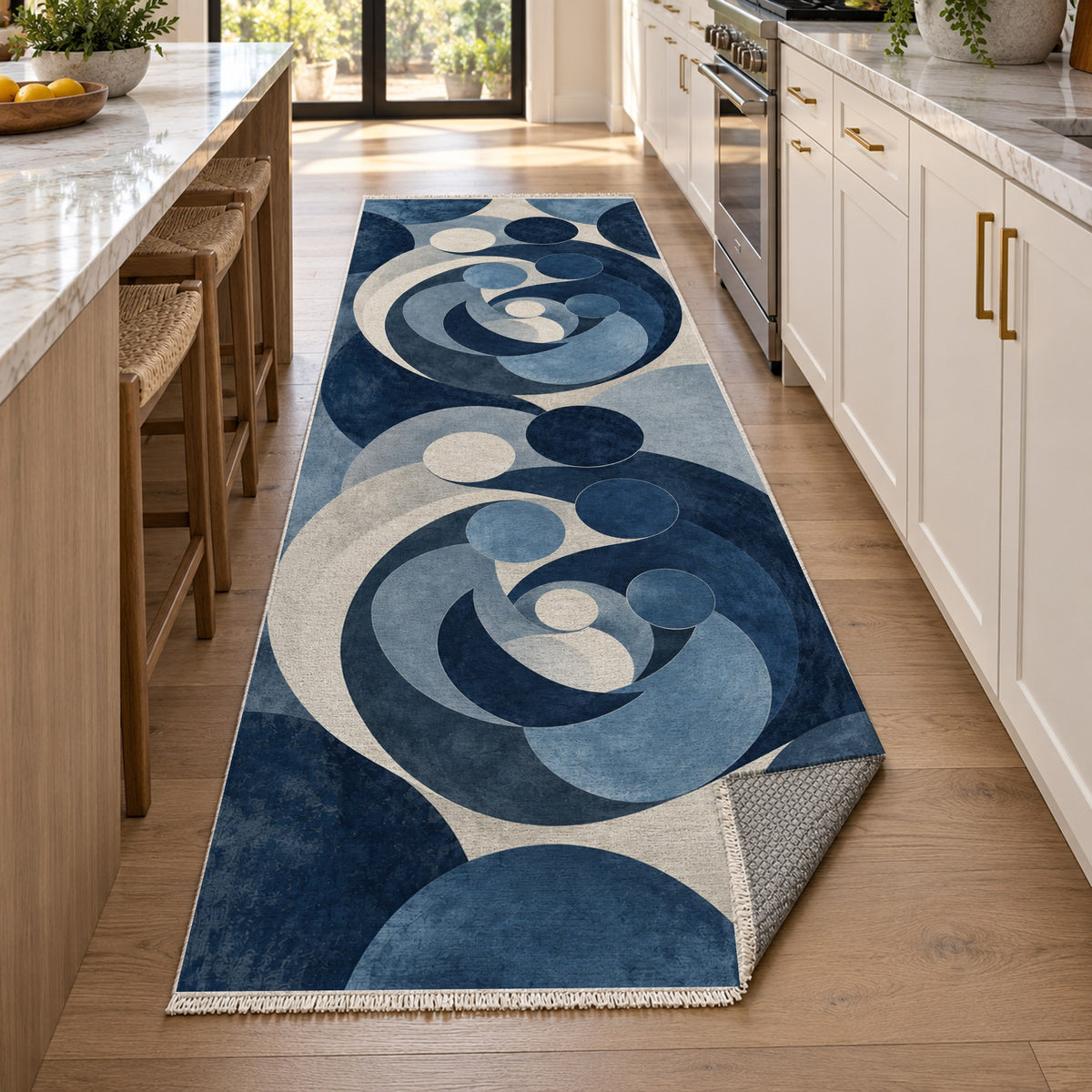 Family Circles Indigo Abstract Washable Rug — new york kitchen runner