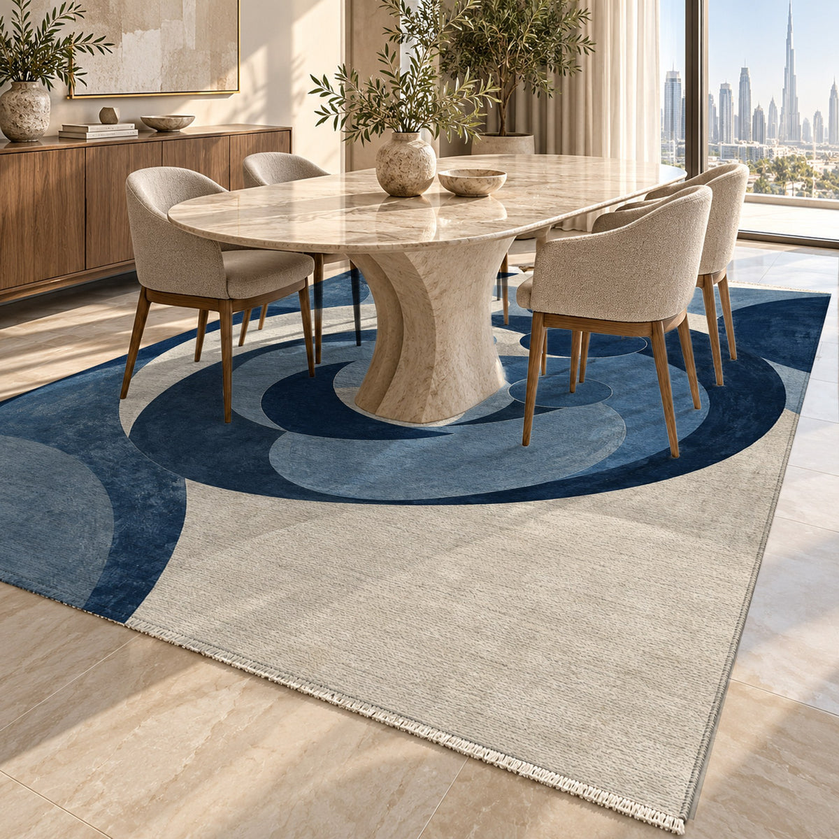 Family Circles Indigo Abstract Washable Rug — dubai dining