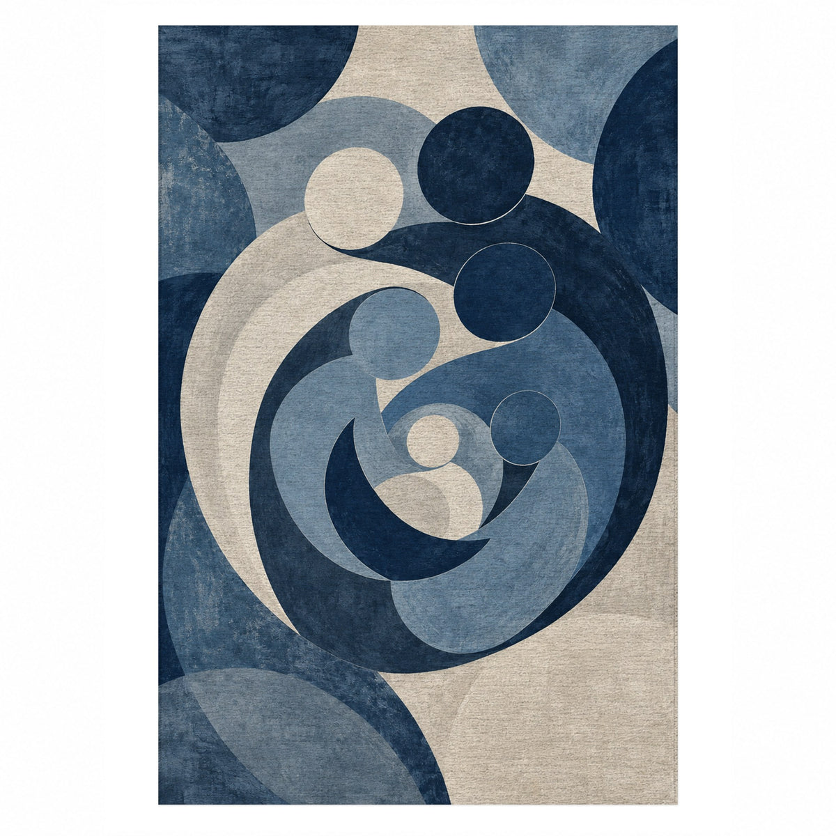 Family Circles Indigo Abstract Washable Rug — top view