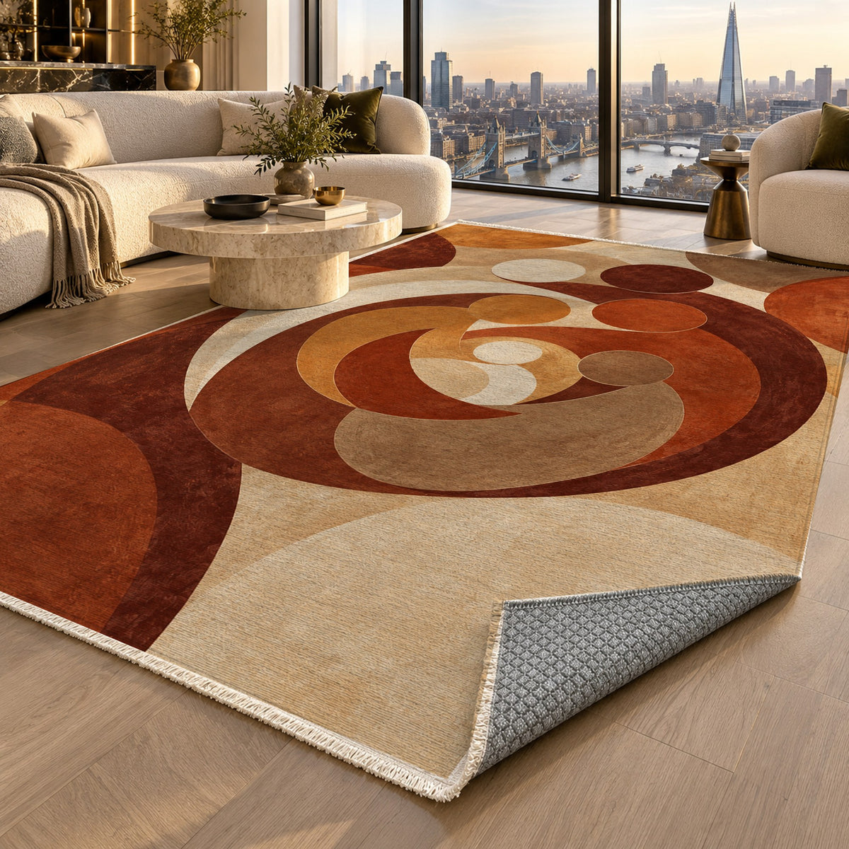 Family Circles Terracotta Abstract Washable Rug — london luxury living