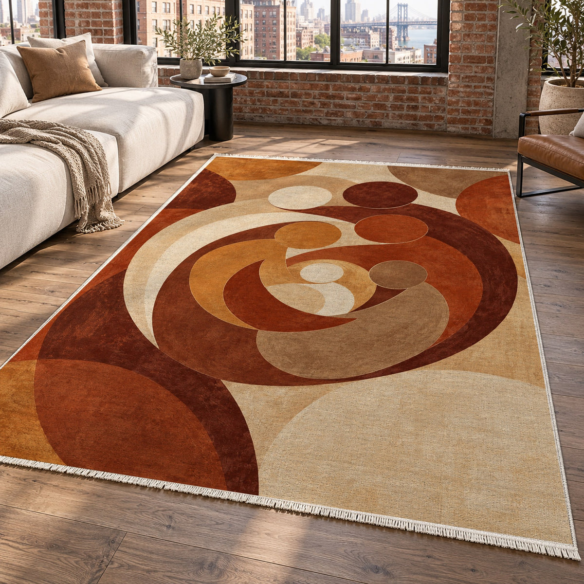 Family Circles Terracotta Abstract Washable Rug — new york living