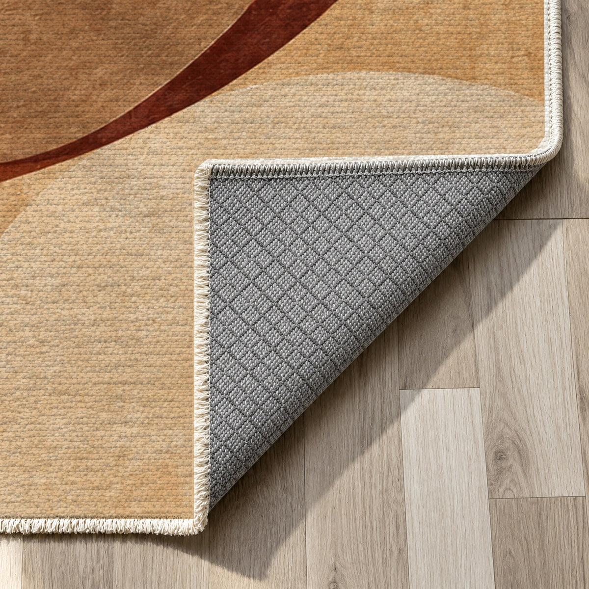 Family Circles Terracotta Abstract Washable Rug — backing close up