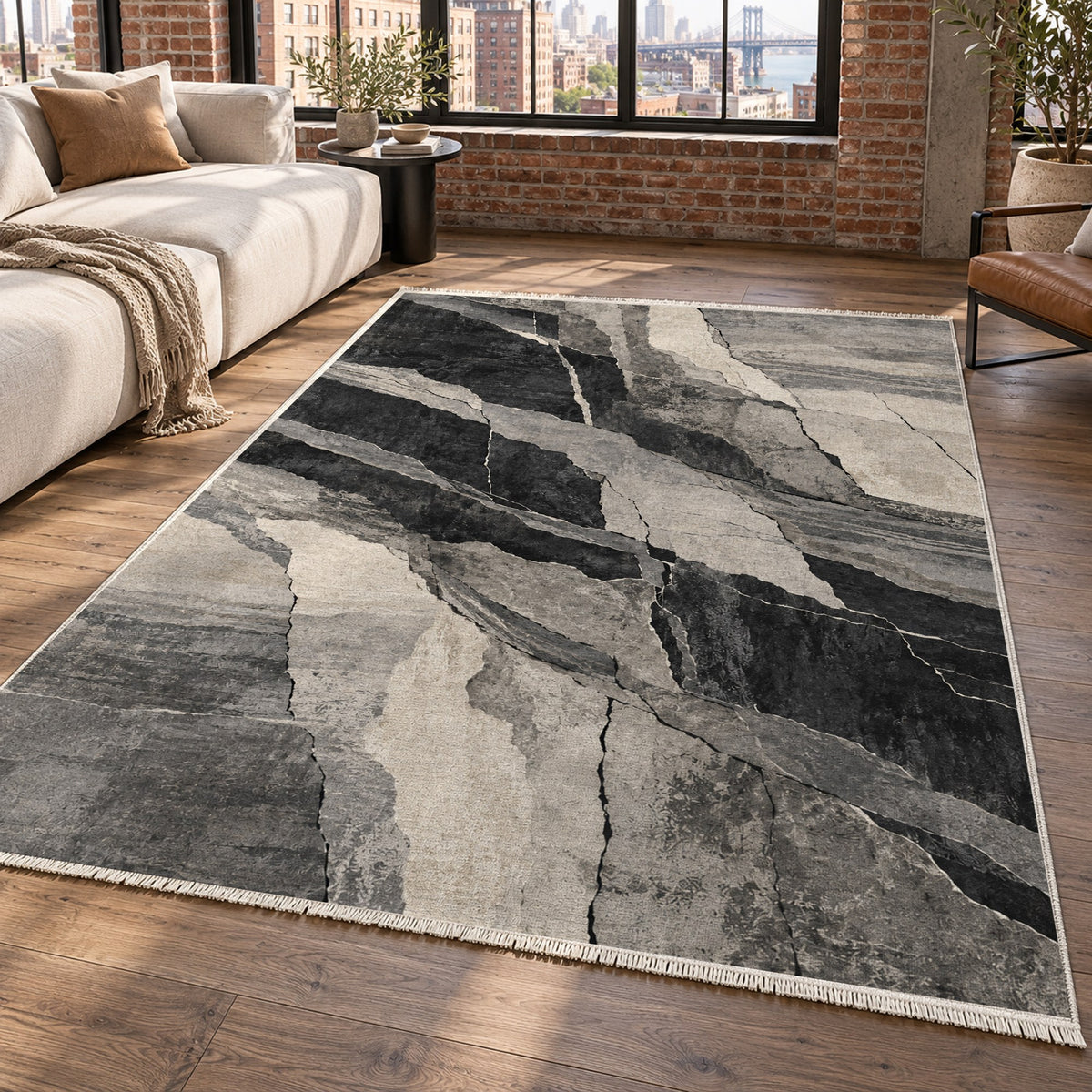 Fault Lines Charcoal Abstract Washable Rug — new york living