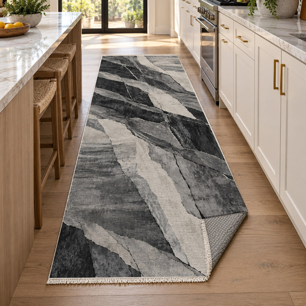 Fault Lines Charcoal Abstract Washable Rug — new york kitchen runner