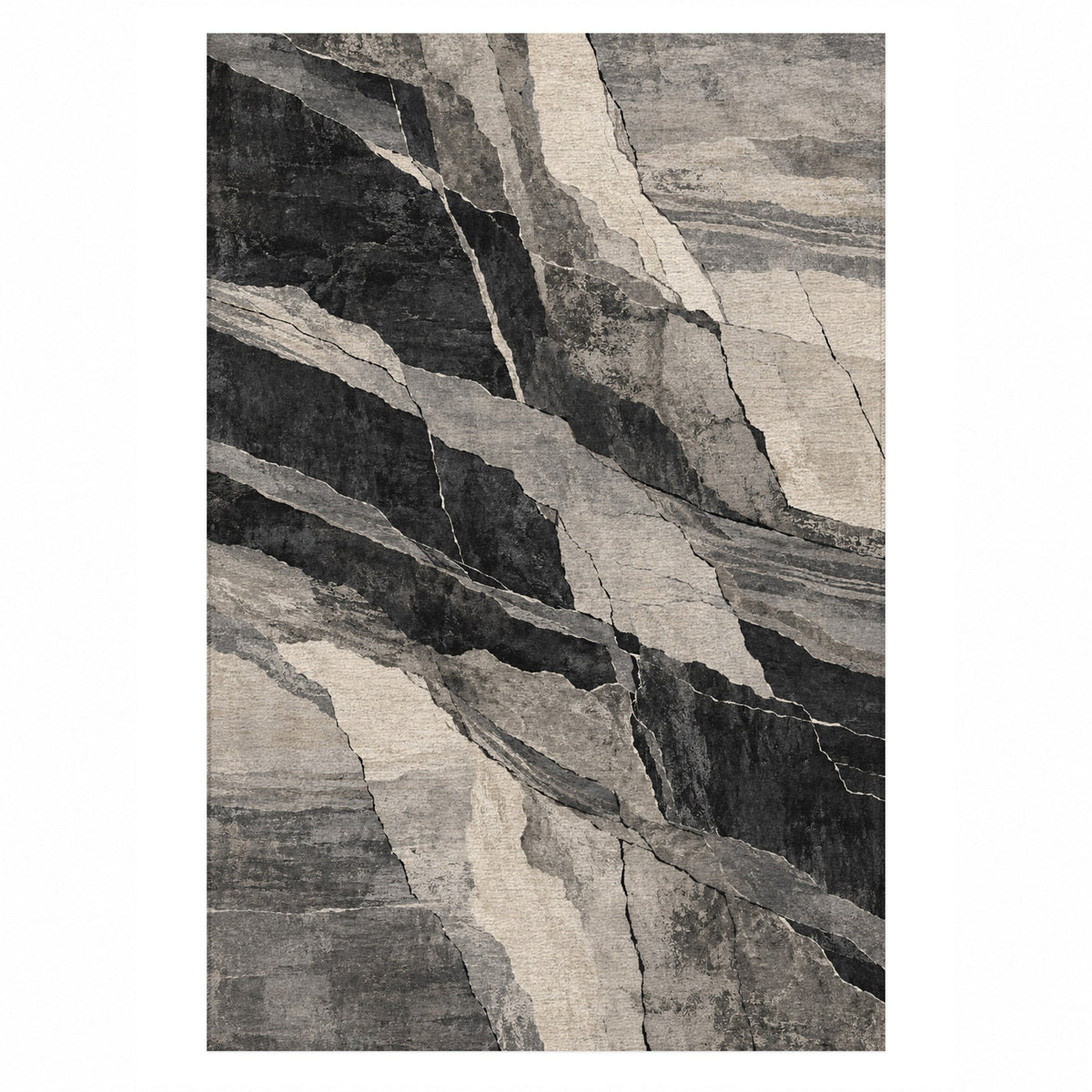 Fault Lines Charcoal Abstract Washable Rug — top view