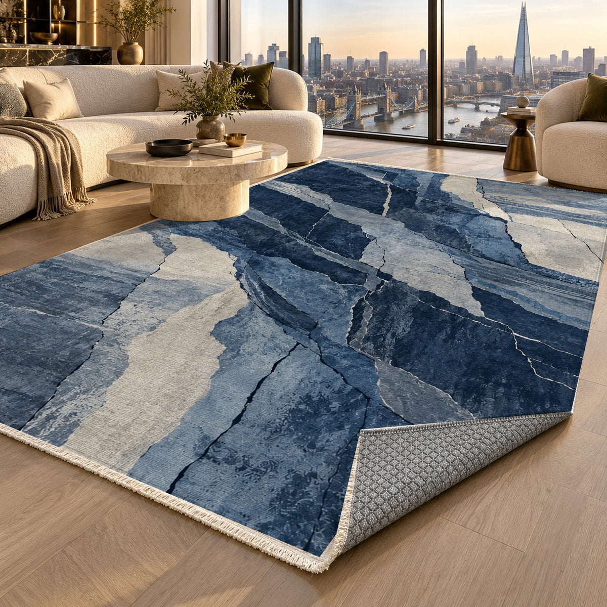 Fault Lines Indigo Abstract Washable Rug — london luxury living