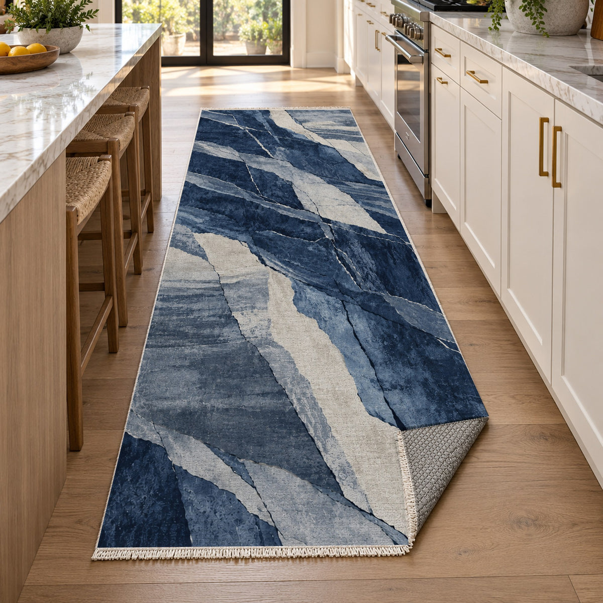 Fault Lines Indigo Abstract Washable Rug — new york kitchen runner