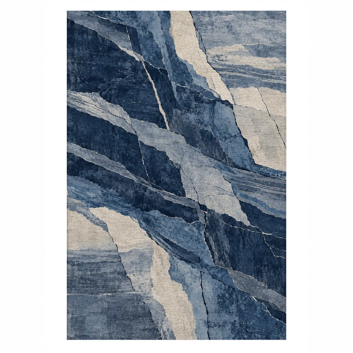 Fault Lines Indigo Abstract Washable Rug — top view