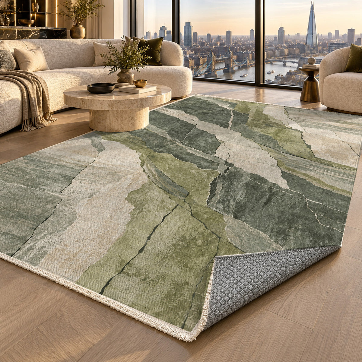 Fault Lines Sage Abstract Washable Rug — london luxury living
