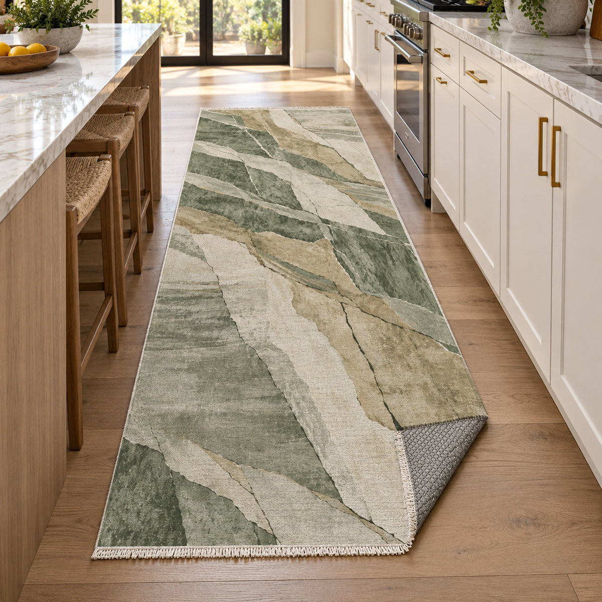 Fault Lines Sage Abstract Washable Rug — new york kitchen runner