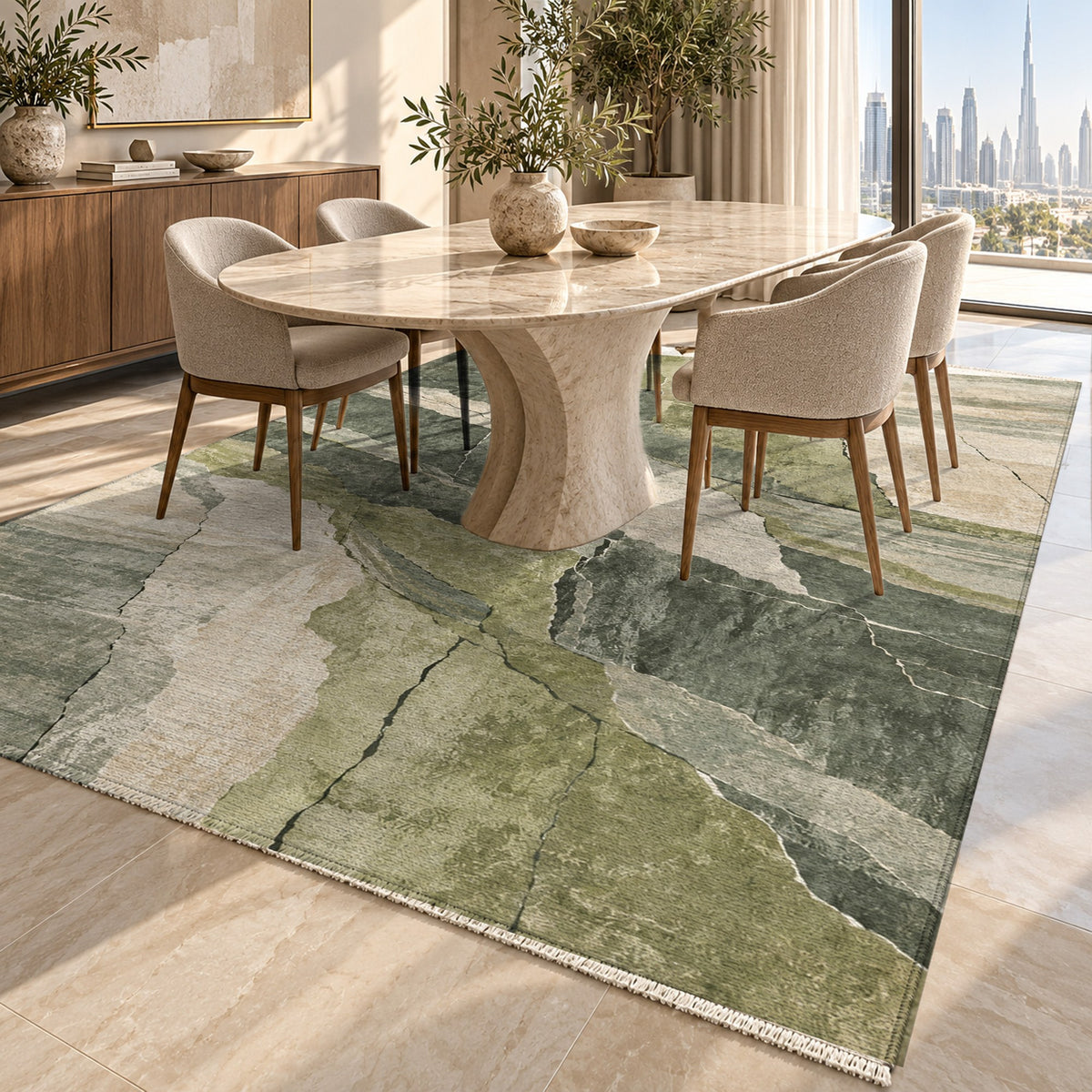 Fault Lines Sage Abstract Washable Rug — dubai dining