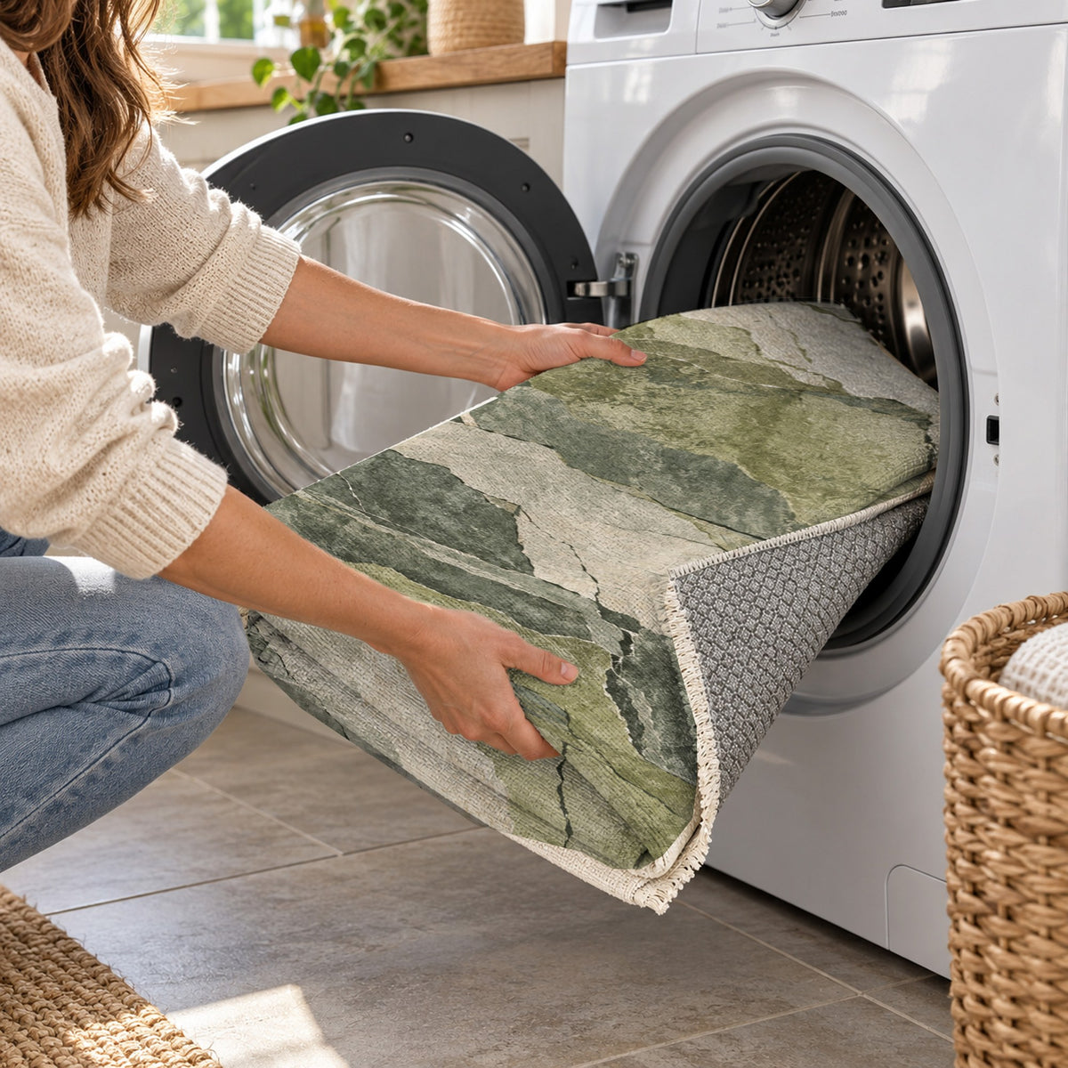 Fault Lines Sage Abstract Washable Rug — washing machine