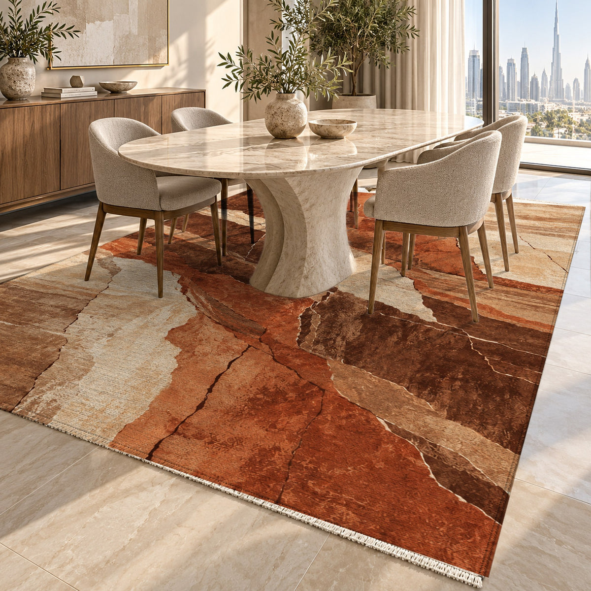 Fault Lines Terracotta Abstract Washable Rug — dubai dining