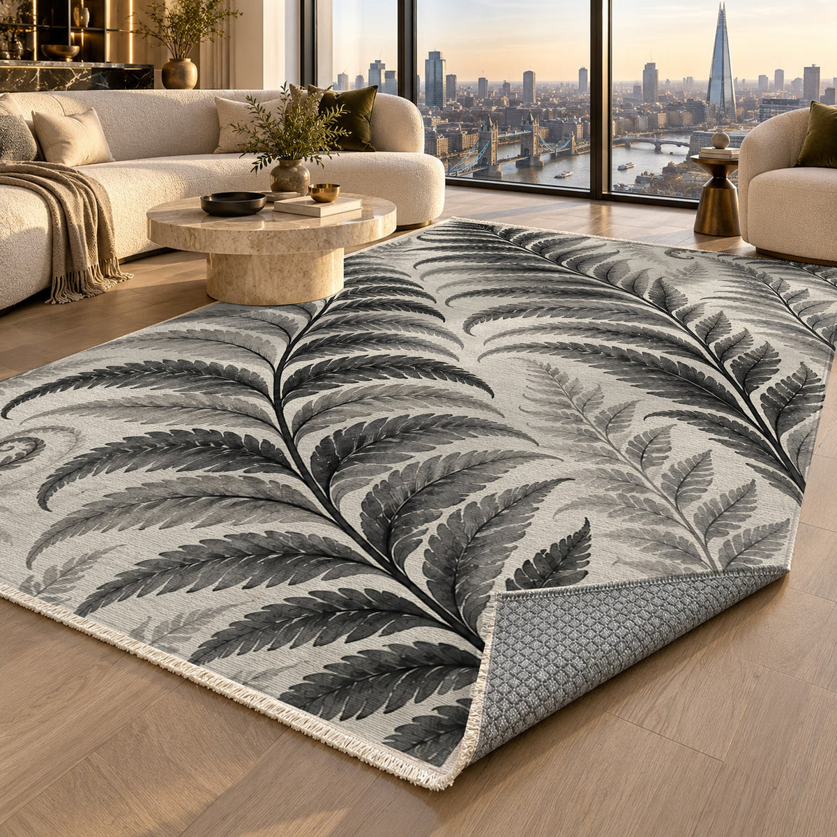 Fern Rhythm Charcoal Floral Washable Rug — london luxury living
