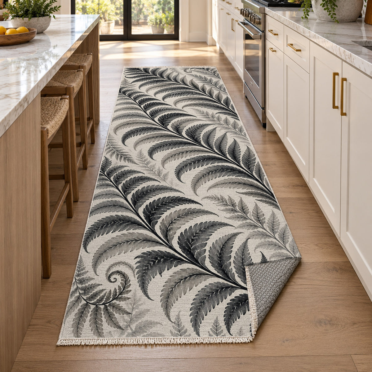 Fern Rhythm Charcoal Floral Washable Rug — new york kitchen runner