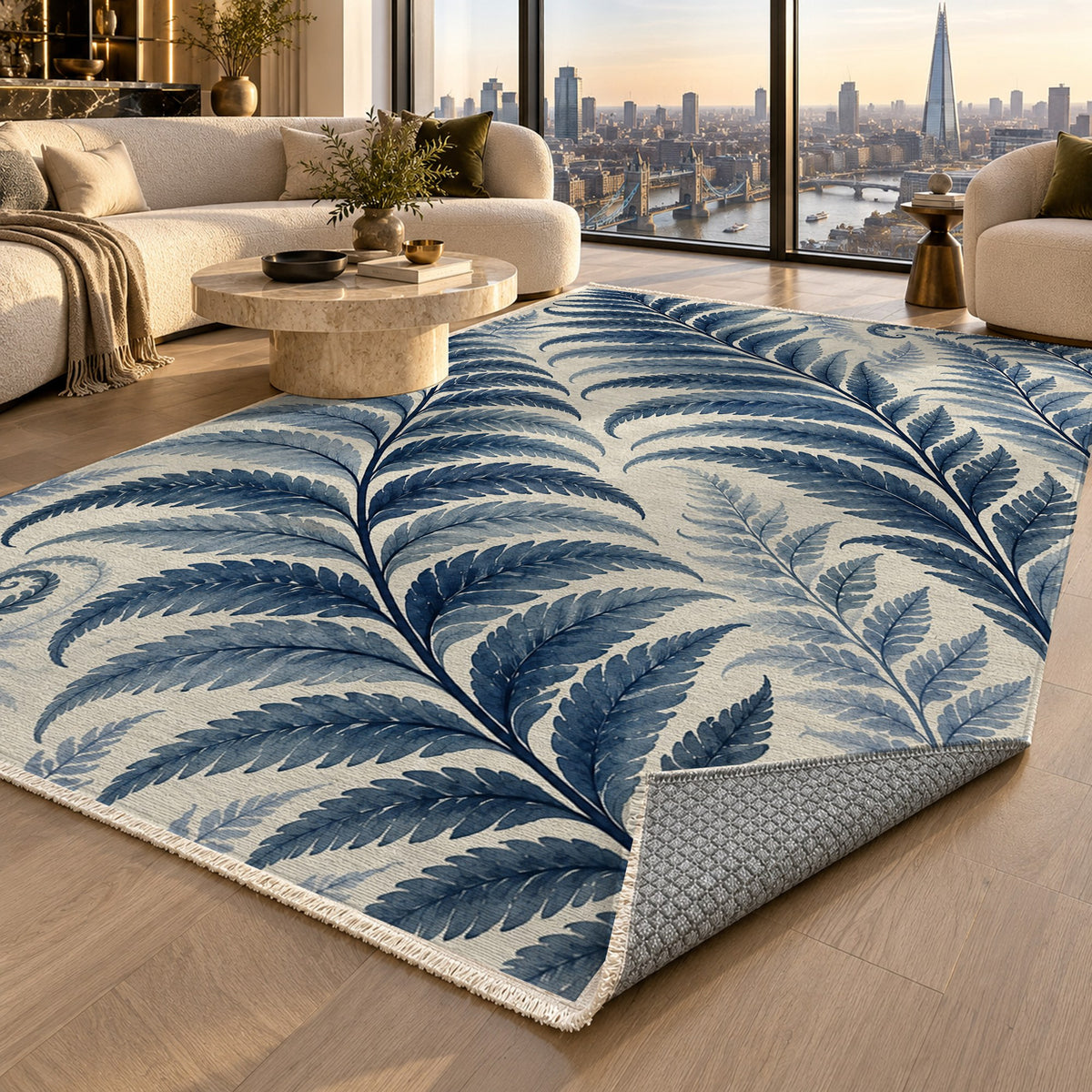 Fern Rhythm Indigo Floral Washable Rug — london luxury living