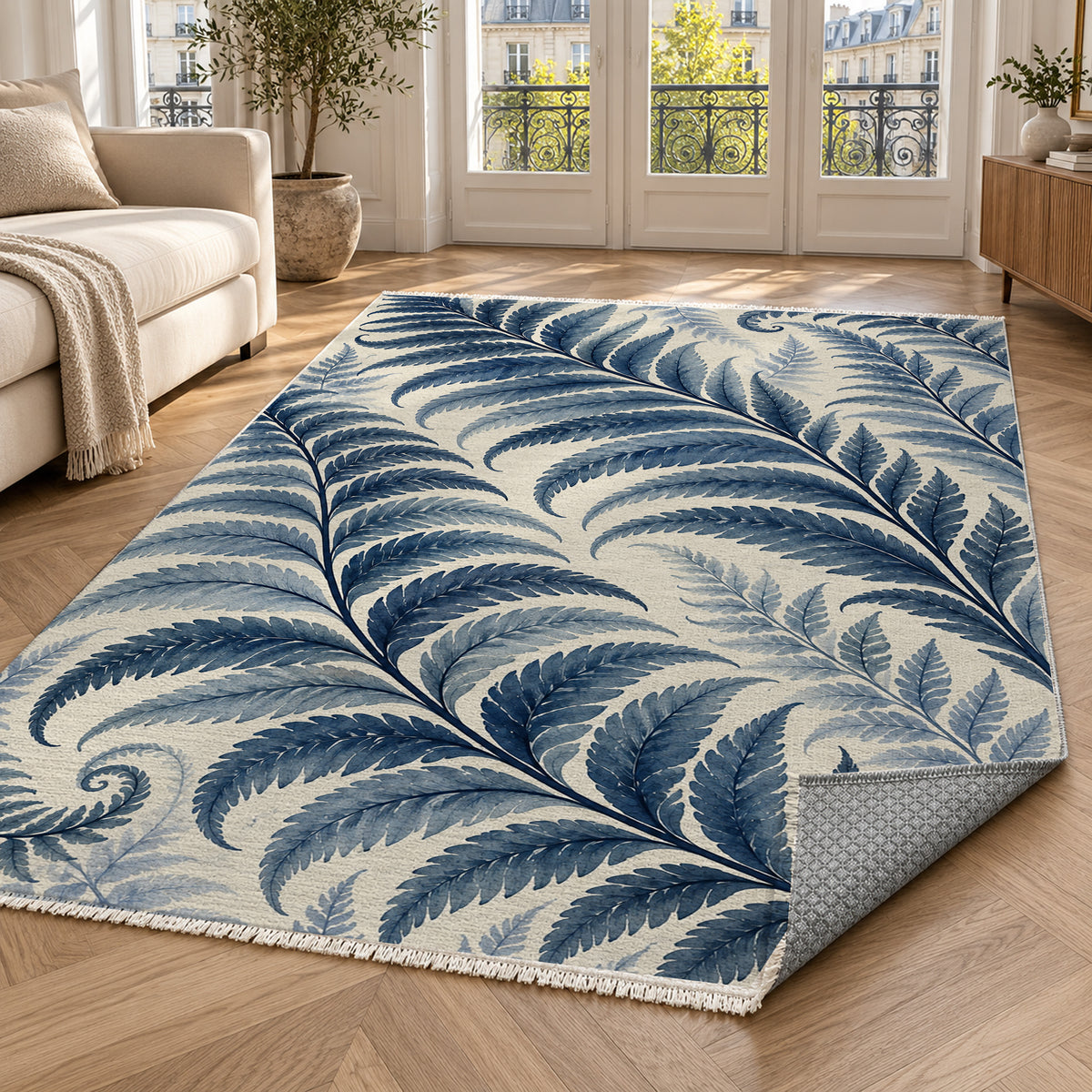 Fern Rhythm Indigo Floral Washable Rug — paris living