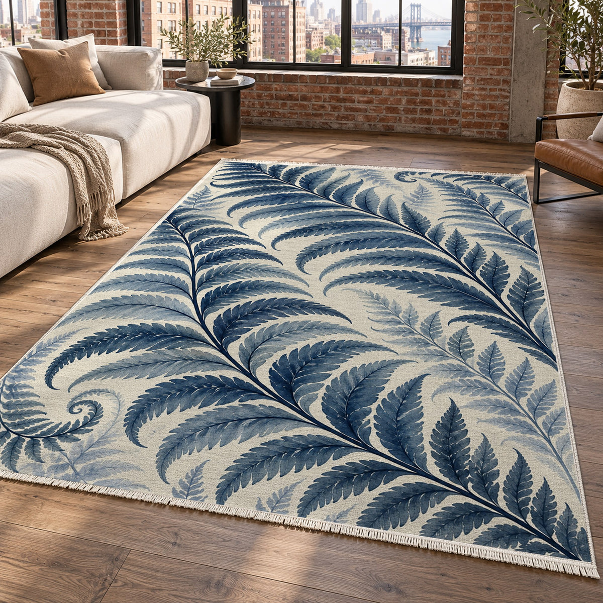 Fern Rhythm Indigo Floral Washable Rug — new york living