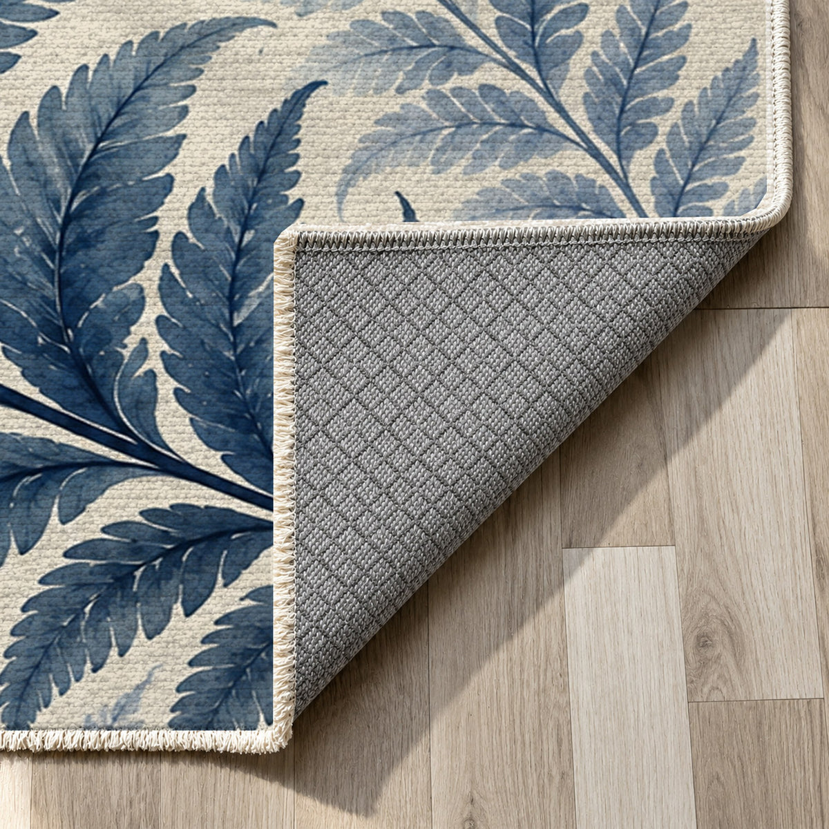 Fern Rhythm Indigo Floral Washable Rug — backing close up