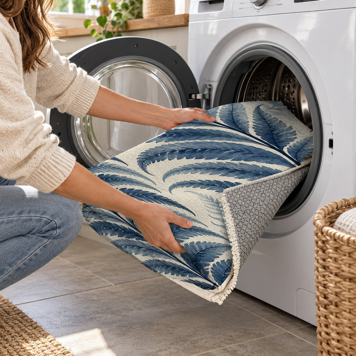 Fern Rhythm Indigo Floral Washable Rug — washing machine