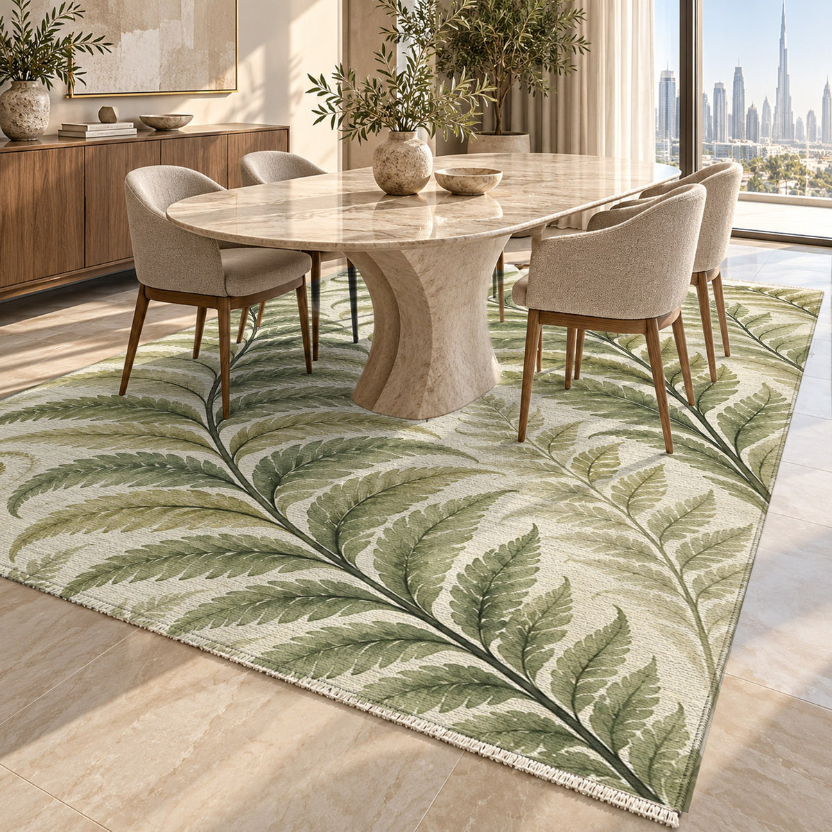 Fern Rhythm Sage Floral Washable Rug — dubai dining