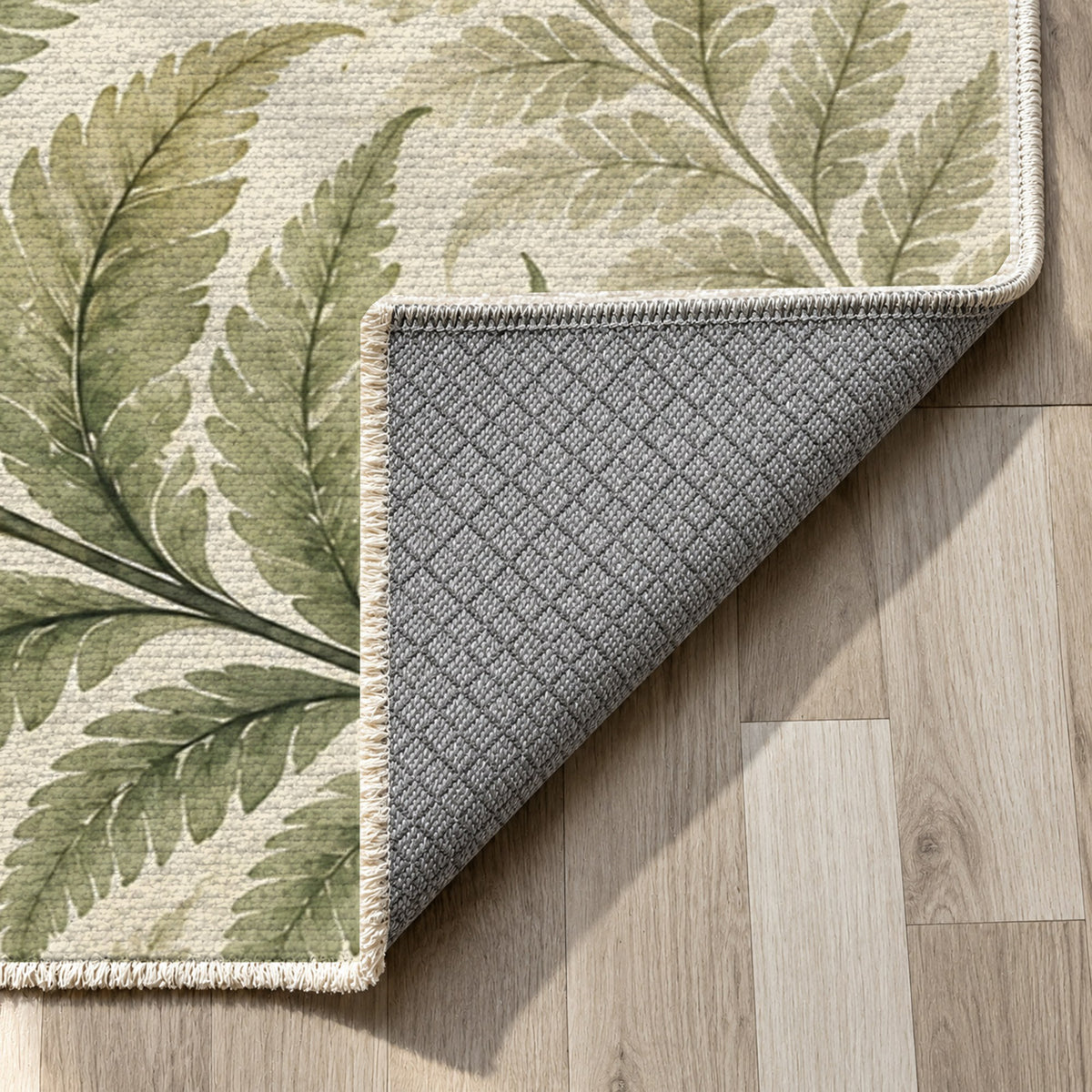 Fern Rhythm Sage Floral Washable Rug — backing close up