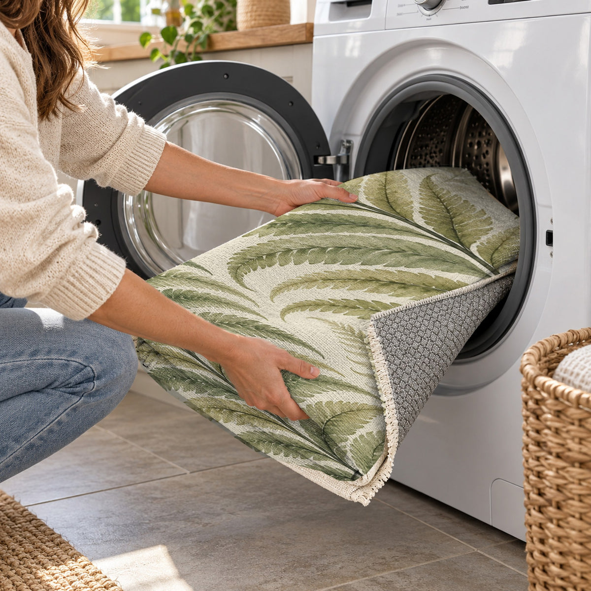 Fern Rhythm Sage Floral Washable Rug — washing machine