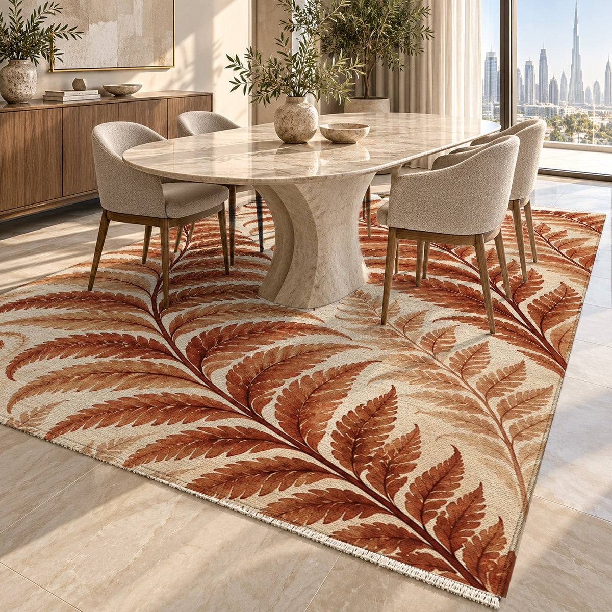 Fern Rhythm Terracotta Floral Washable Rug — dubai dining