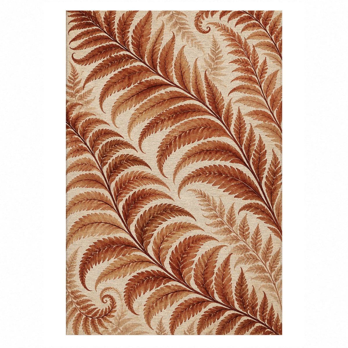 Fern Rhythm Terracotta Floral Washable Rug — top view