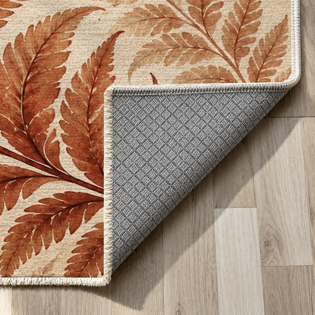 Fern Rhythm Terracotta Floral Washable Rug — backing close up