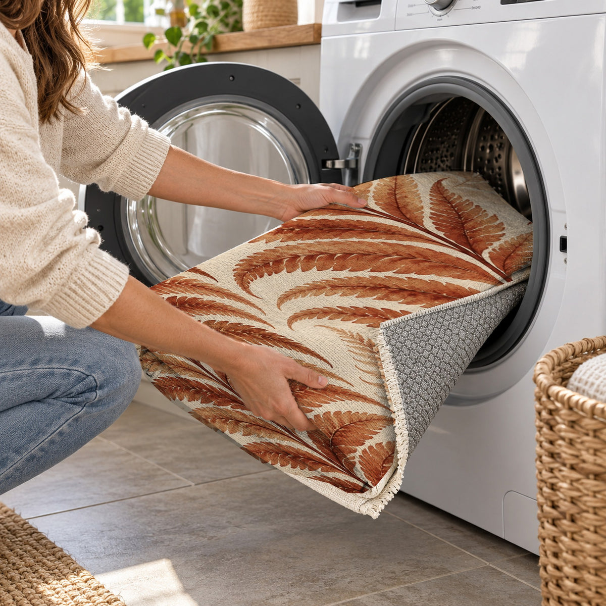 Fern Rhythm Terracotta Floral Washable Rug — washing machine