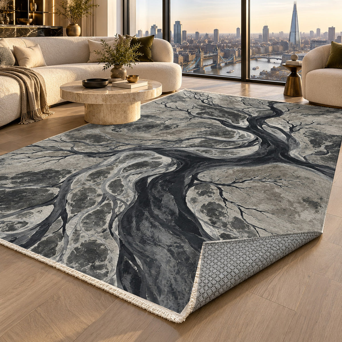 Floodplain Veins Charcoal Abstract Washable Rug — london luxury living