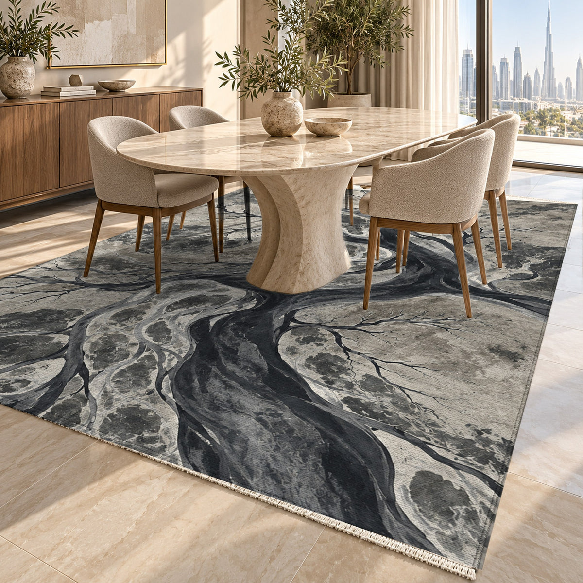 Floodplain Veins Charcoal Abstract Washable Rug — dubai dining