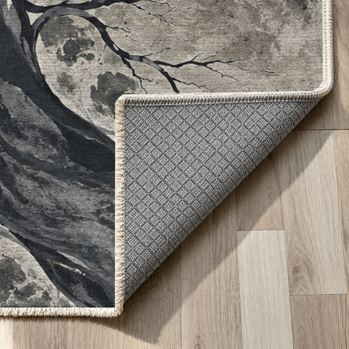 Floodplain Veins Charcoal Abstract Washable Rug — backing close up
