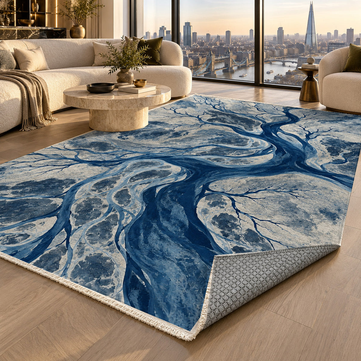 Floodplain Veins Indigo Abstract Washable Rug — london luxury living