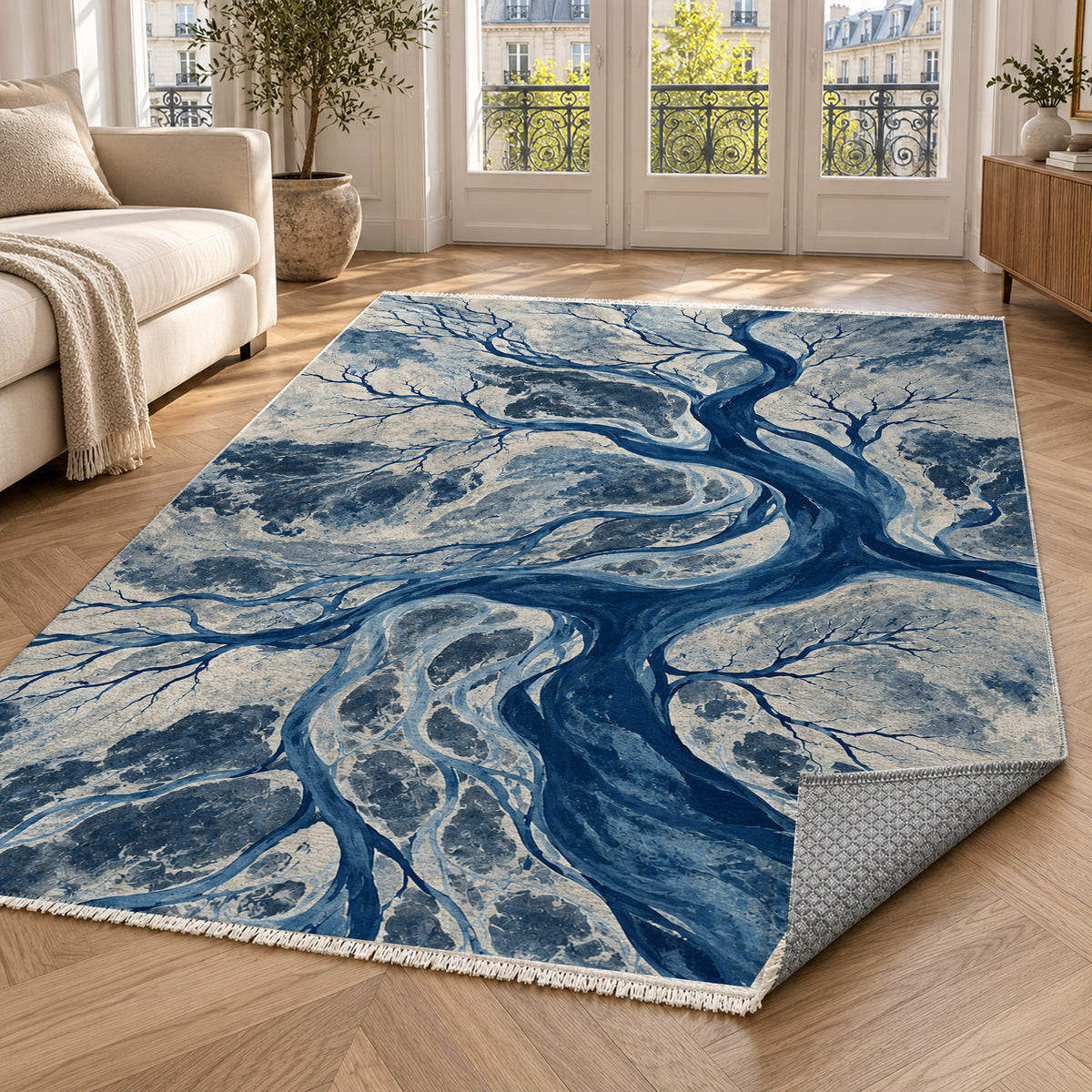 Floodplain Veins Indigo Abstract Washable Rug — paris living