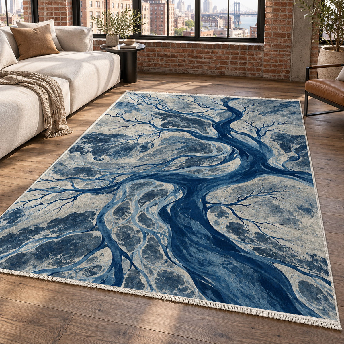 Floodplain Veins Indigo Abstract Washable Rug — new york living
