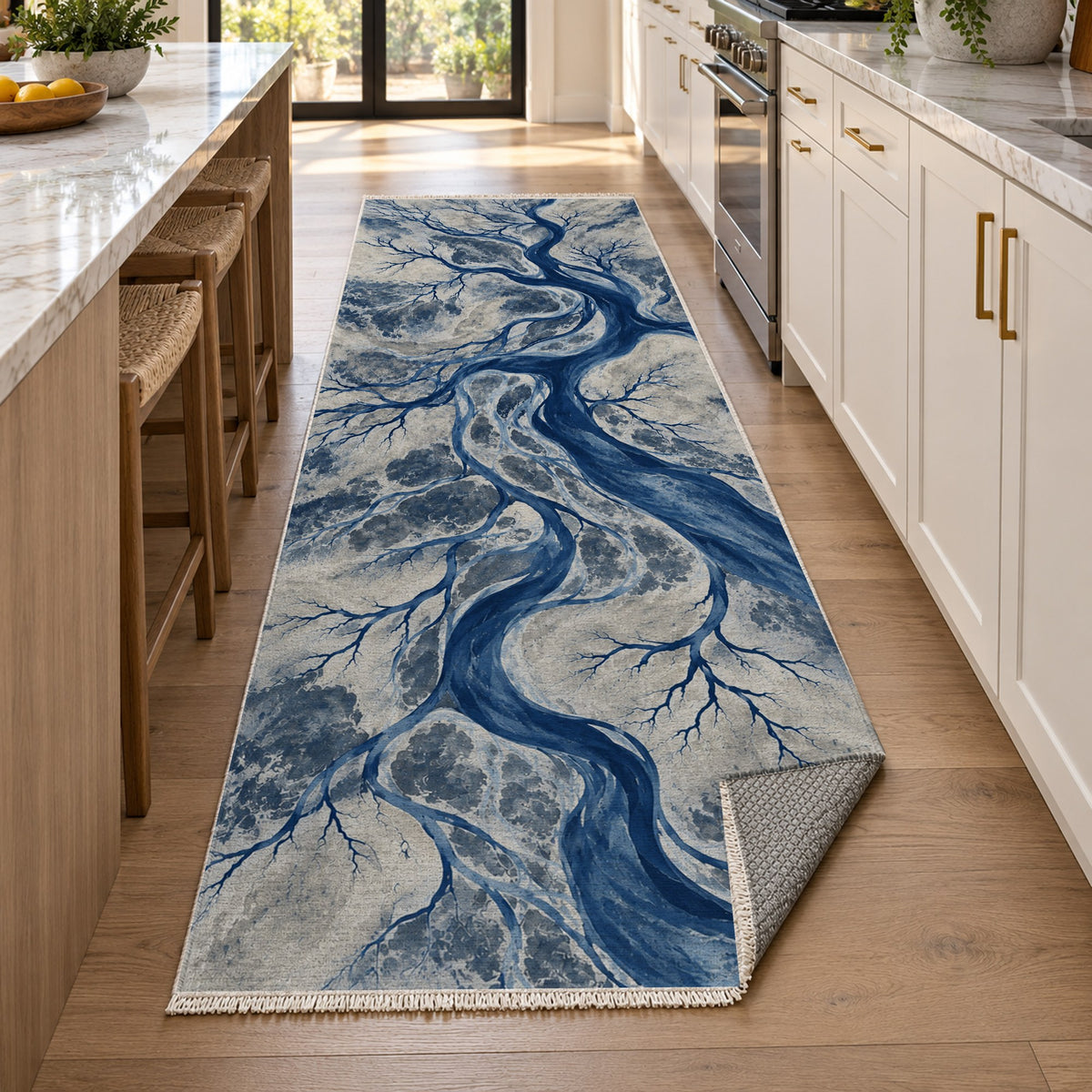 Floodplain Veins Indigo Abstract Washable Rug — new york kitchen runner