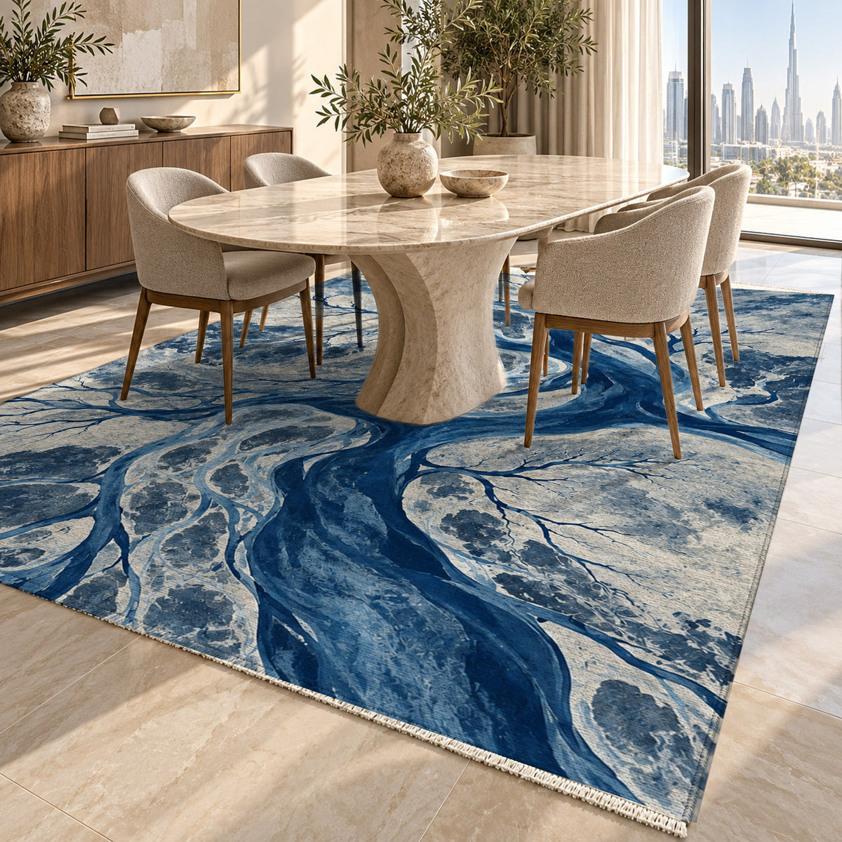 Floodplain Veins Indigo Abstract Washable Rug — dubai dining