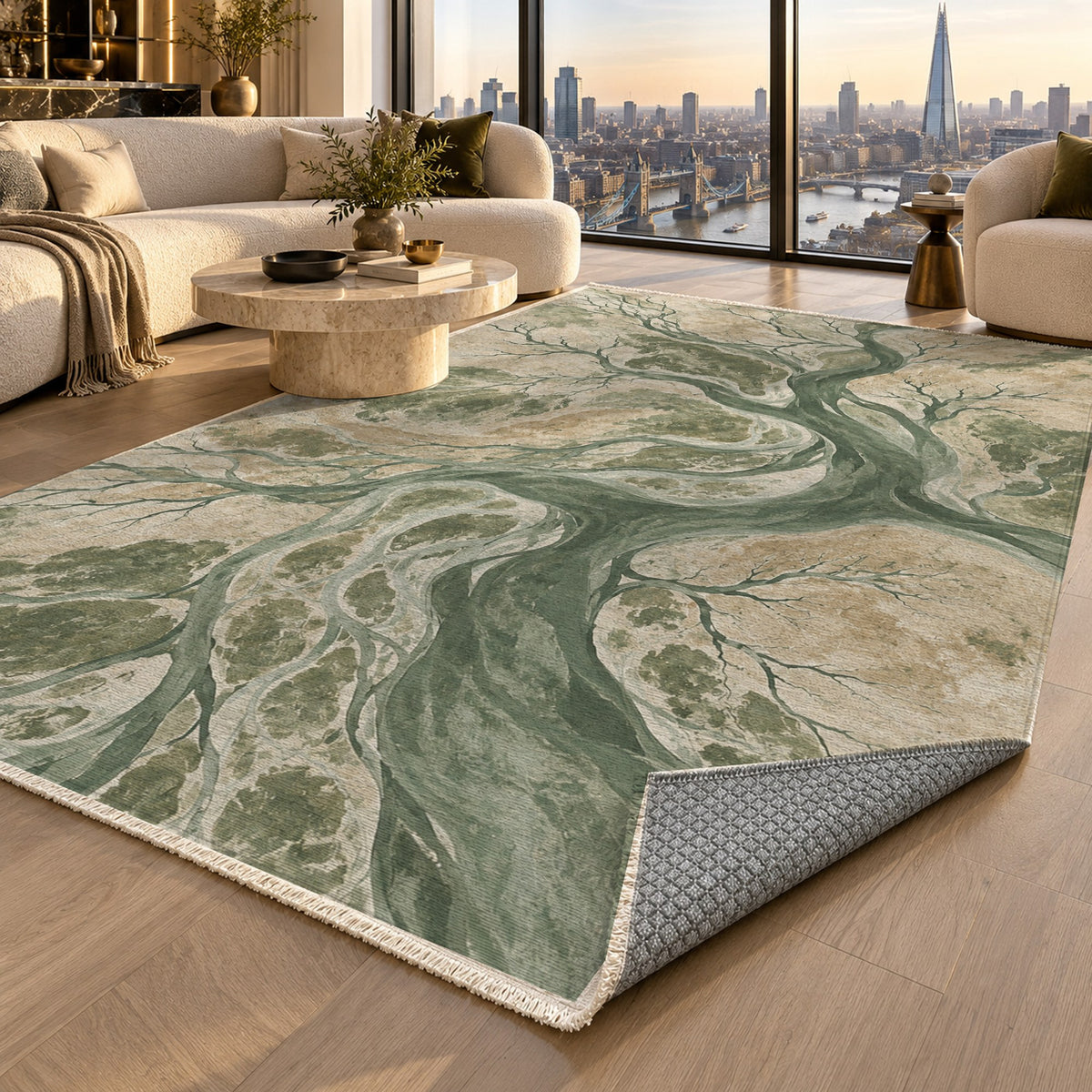 Floodplain Veins Sage Abstract Washable Rug — london luxury living